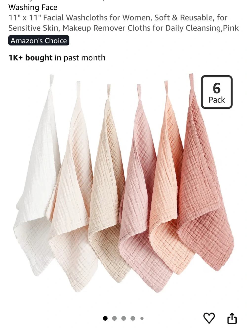 6-Pack Cotton Gauze Face Washcloths - White, Cream, Beige, Pink, Blush, Rose